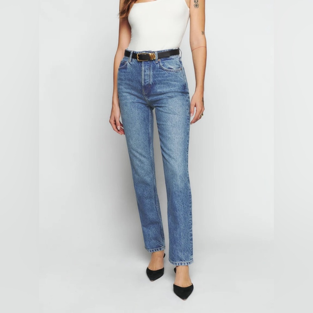 Reformation High-Rise Straight Leg Jeans in Classic Blue
